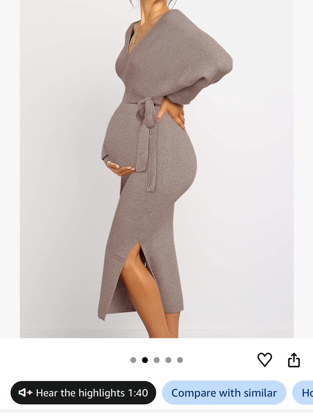 Amazon Taupe Maternity Knit Midi Dress with Tie Waist